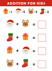 Christmas activity sheet. Addition for Kids. Fun Math Logic Puzzles for Kids. Math Game with Cute Christmas Pictures. Math Activities for Children.