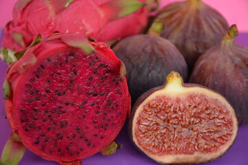 Dragon fruit and figs in a close-up section