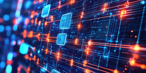 Obraz premium Blockchain technology illustrated as interconnected digital blocks with secure encryption, glowing in a web of data streams that represent the decentralized network.