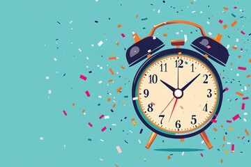 Colorful confetti surrounds a vintage alarm clock on teal