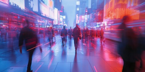 Obraz premium A blurred city scene showcases neon lines interconnecting people and devices, illustrating the critical role of digital communication in todays world.