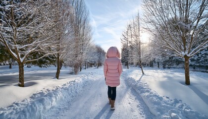 雪の舞う公園を散策するパステルピンクのダウンジャケット姿、後ろ姿が冬のロマンチックな情景を演出