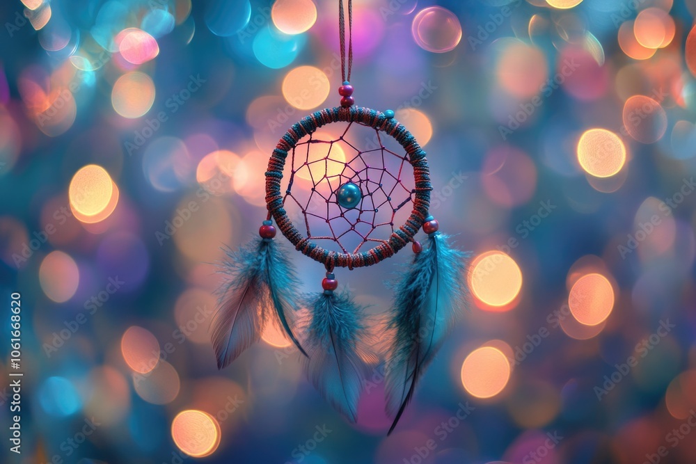 Poster a dream catcher hangs from a string with soft lights shining in the background, creating a mystical 