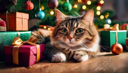クリスマスツリーの下でくつろぐ猫、色とりどりのプレゼントに囲まれた温かく優しい光景