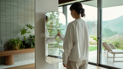 Fototapeta premium Inside a bright, nature-inspired room, a woman engages with an advanced monitoring screen, reflecting the harmony between tech and nature.
