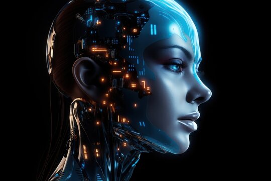 Female android face on dark background robot futuristic technology.