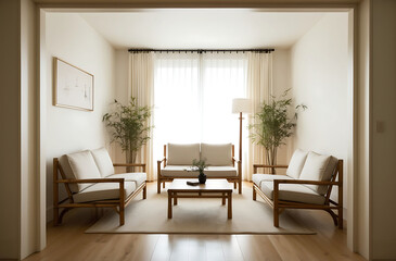 Fototapeta premium japandi interior style, japandi interior design banner showcases minimalist room with bamboo furniture, neutral colors for simplicity and functionality