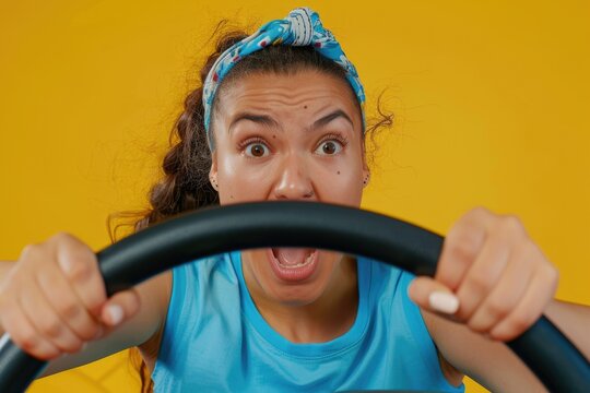 A person practicing driving skills with a simulator