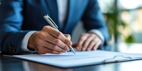 A corporate executive signing crucial contracts in an elegant office, working with digital documents on-screen, displaying a serious and professional demeanor.