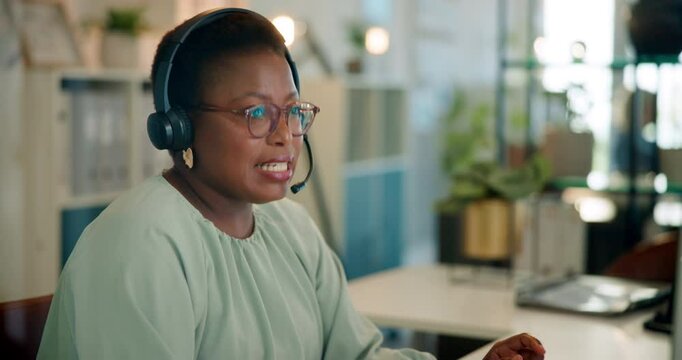 Call center, consultation and black woman agent in office for inbound crm, sales and telemarketing. Customer support, headset and African advisor with multilingual technical service for translation.