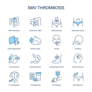 SMV Thrombosis symptoms, diagnostic and treatment vector icons. Medical icons.