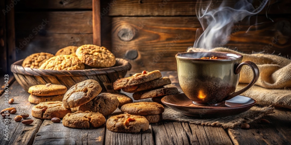 Poster a rustic still life featuring a steaming cup of tea and a generous spread of homemade cookies on a w