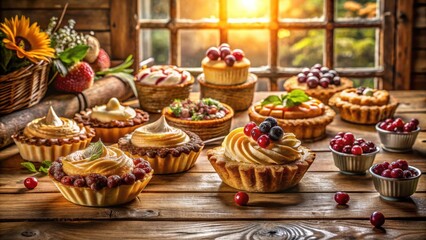 A delightful assortment of mini pastries and tarts, showcasing a variety of fillings and toppings, arranged on a rustic wooden table with scattered berries and a warm, inviting atmosphere.
