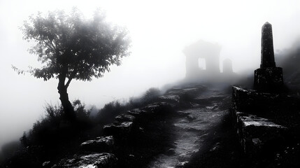 An ancient burial site at the peak, shrouded in thick fog.