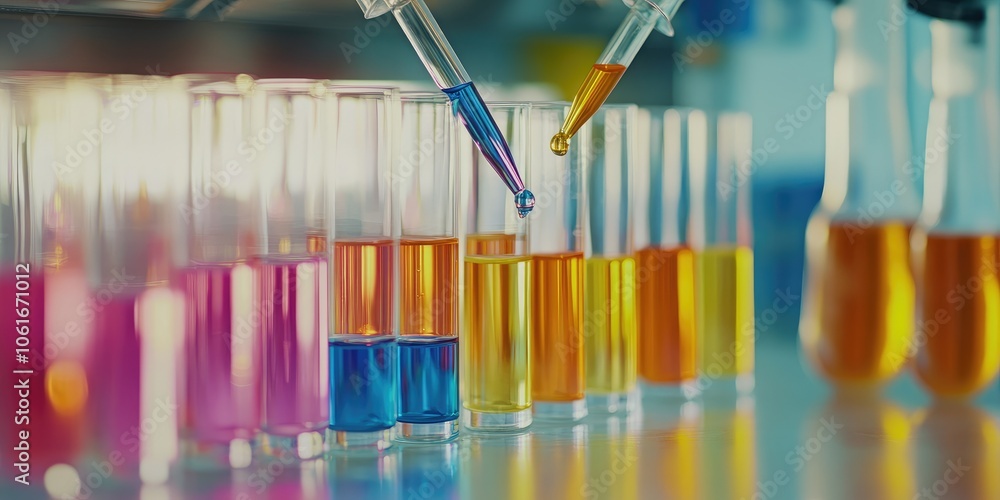 Aufkleber a lab table filled with colorful reagents and glassware, with a close-up of a dropper in action.