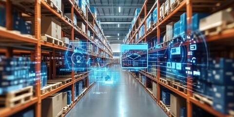 Well-organized warehouse with digital shelf tags, AI-driven logistics, and automated storage and retrieval systems.