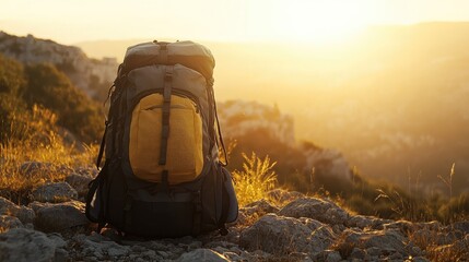 Rugged Hiking Backpack at Golden Hour: Outdoor Adventure and Exploration in Nature’s Wilderness, Capturing the Essence of Travel, Trekking, and the Serenity of Nature's Sunset Glow