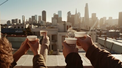 A group of friends holding coffee cups high on a rooftop, with an iconic city skyline bathed in warm morning sunlight, celebrating companionship.