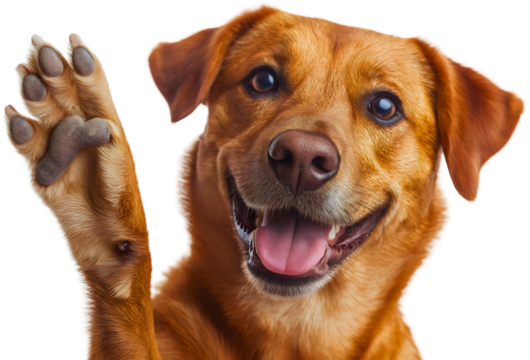 Friendly dog waving camera hi, cheerful hello isolated raised paw, joyful happy pet cute canine, adorable playful beautiful, domestic comical lovely