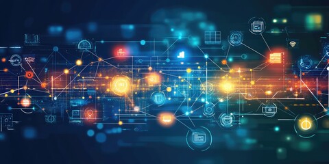 Obraz premium An abstract background features bright lines and nodes linking business icons and data points, highlighting the essence of online communication.