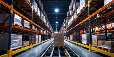 Obraz premium Warehouse employing state-of-the-art automation, robotic arms for sorting, and a sleek, efficient design to boost productivity.