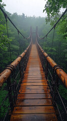 Obraz premium Suspension bridge in the forest, rainy day, green trees, misty rain and foggy weather.