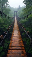 Obraz premium Suspension bridge in the forest, rainy day, green trees, misty rain and foggy weather.