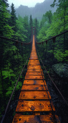Fototapeta premium Suspension bridge in the forest, rainy day, green trees, misty rain and foggy weather.