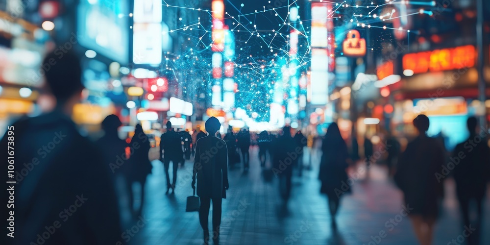 Poster a blurred city image reveals neon lines connecting people and devices, illustrating the evolving lan
