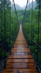 Suspension bridge in the forest, rainy day, green trees, misty rain and foggy weather.