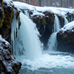 Waterfall with ice, foam, and snow in a winter landscape