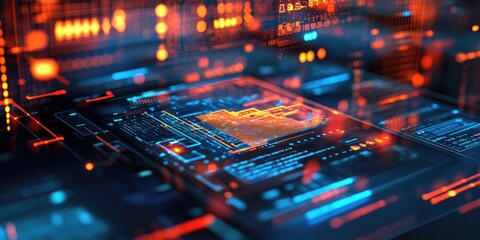 Obraz premium An abstract concept shows a digital signature glowing on a high-tech device, with a defocused corporate presentation environment.