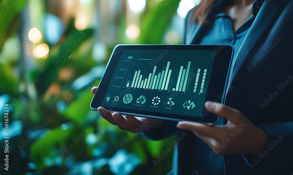 Poster a person holding a tablet displaying data visualizations and graphs amidst greenery.