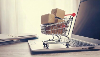 Online shopping concept with miniature shopping cart standing in front of laptop 