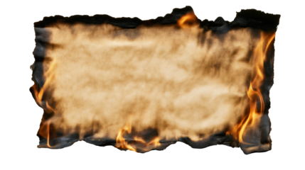 Charred paper fire isolated, weathered old page texture black, dramatic burnt antique parchment frame, vintage rough damaged, torn grunge dark