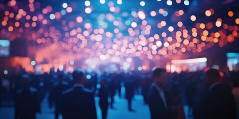 A corporate convention filled with attendees, captured in a defocused image where abstract lighting highlights the vibrant atmosphere.