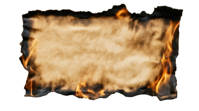 Charred paper fire isolated, weathered old page texture black, dramatic burnt antique parchment frame, vintage rough damaged, torn grunge dark