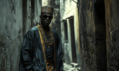 Man in traditional African clothing stands in alleyway.