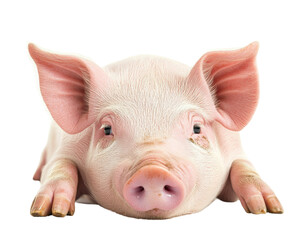 Cute pig lying down with gentle expression, showcasing its pink skin and large ears. This adorable animal is often associated with farms and rural life