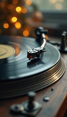 A close-up of a vintage vinyl record spinning on a turntable, creating a nostalgic and musical ambiance.