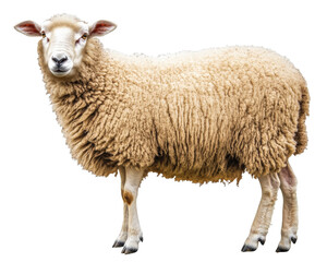 Fototapeta premium Fluffy sheep standing on white background, showcasing its woolly coat and calm demeanor. This animal represents rural life and farming
