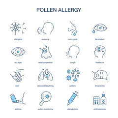 Pollen allergy symptoms, diagnostic and treatment vector icon set. Medical icons.