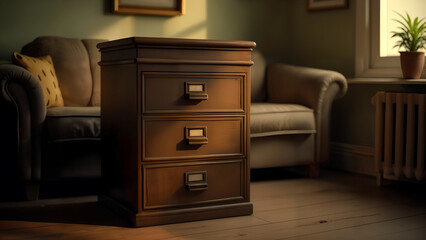 An Old Filing Cabinet with a Cozy Couch Behind: An Atmosphere Filled with Nostalgia and Stories