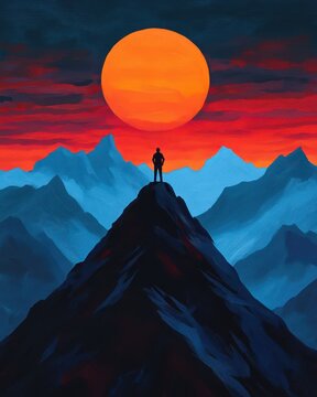 Figure atop a mountain at sunrise, embodying inner strength and resilience against life's challenges.
