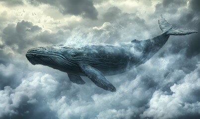 Fototapeta premium A blue whale soars in a cloudy and foggy sky creating a mysterious atmosphere with shades of gray and blue