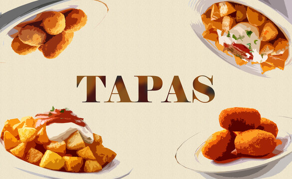 Fondo de tapas. Croquetas y patatas bravas ilustradas. Mantel y tapete para bar y restaurante. 
