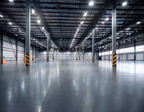 Empty warehouse with polished concrete floor and supporting pillars - Powered by Adobe