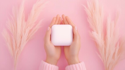 A person gently holds a small white container between their hands, surrounded by soft, pink decor and delicate foliage on a pastel background.