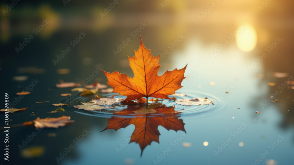 Poster autumnal scene with a single maple leaf floating on water, with a reflection cast below it.