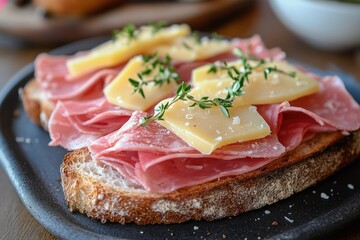 Toasted bread presenting mortadella slices with cheese and thyme on plate